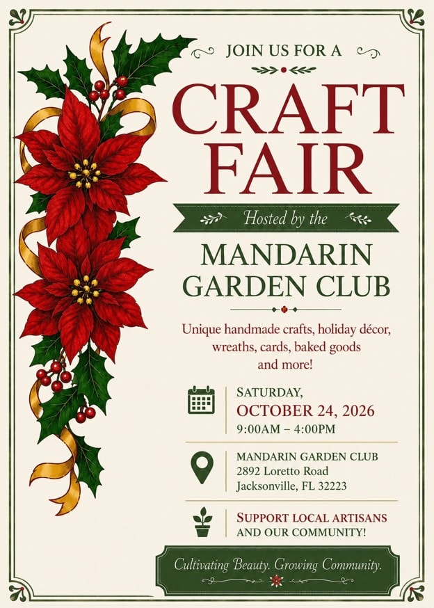 Craft Fair hosted by Mandarin Garden Club on October 24, 2026.