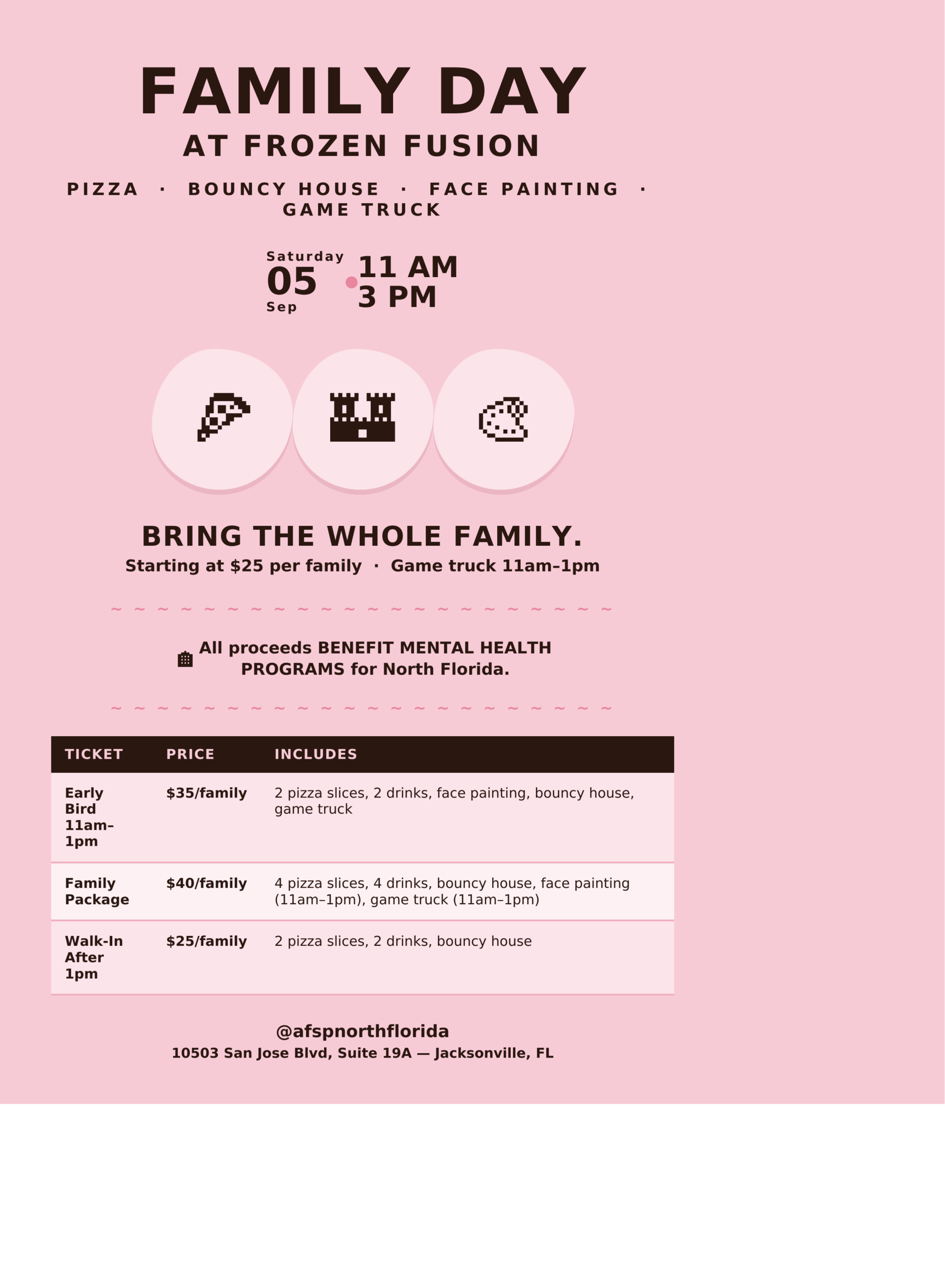 Family Day event at Frozen Fusion with pizza, bounce house, face painting, and game truck.