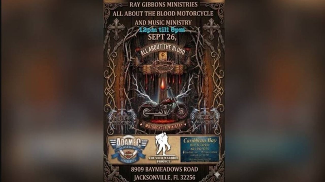 All About the Blood Motorcycle Ministry event poster with motorcycle and flames.