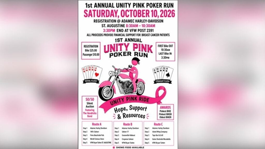Unity Pink Poker Run event details with motorcycle and pink ribbon graphics.