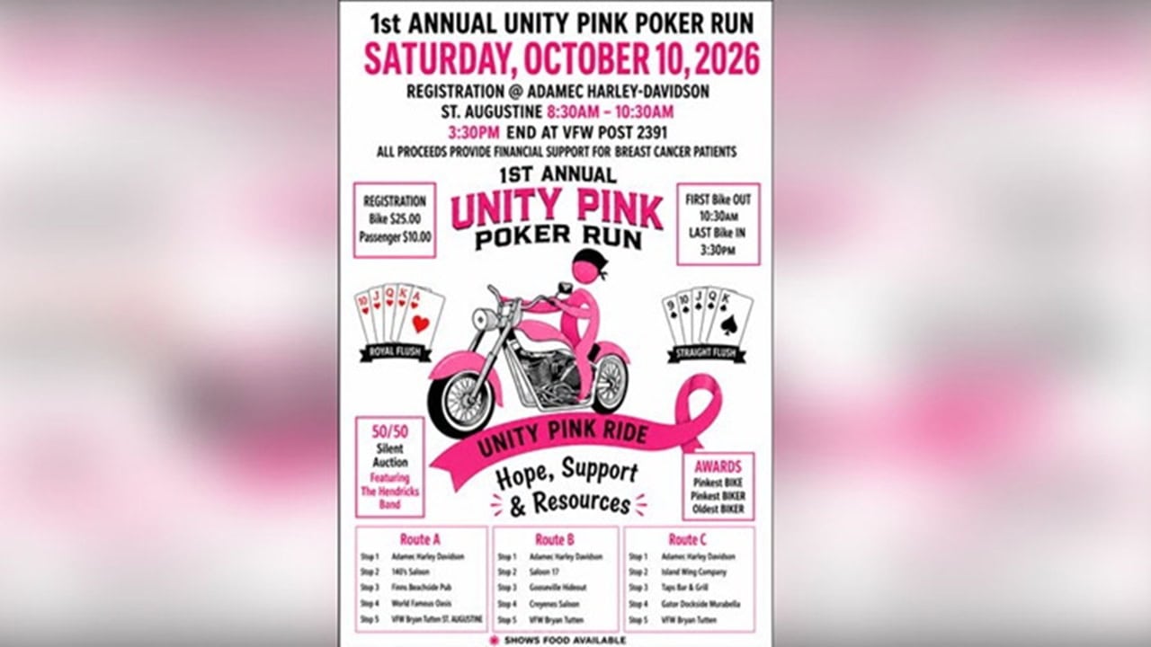 Unity Pink Poker Run event details with motorcycle and pink ribbon graphics.