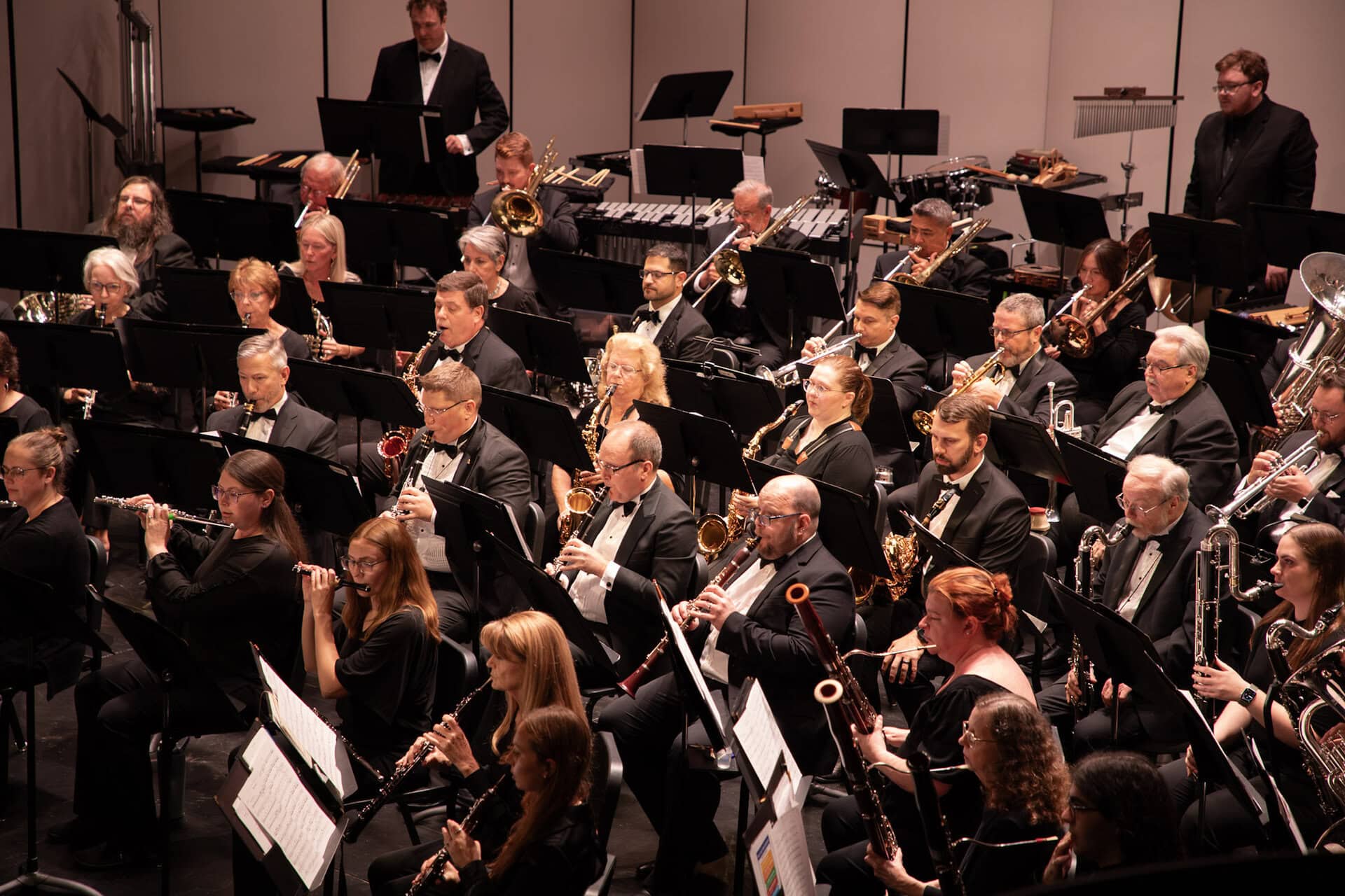 Large orchestra performing at a concert with various instruments and musicians.