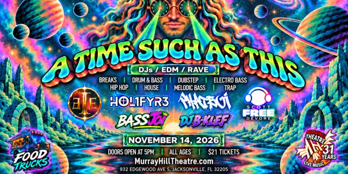 Colorful psychedelic poster for 'A Time Such As This' event with DJs and EDM themes.