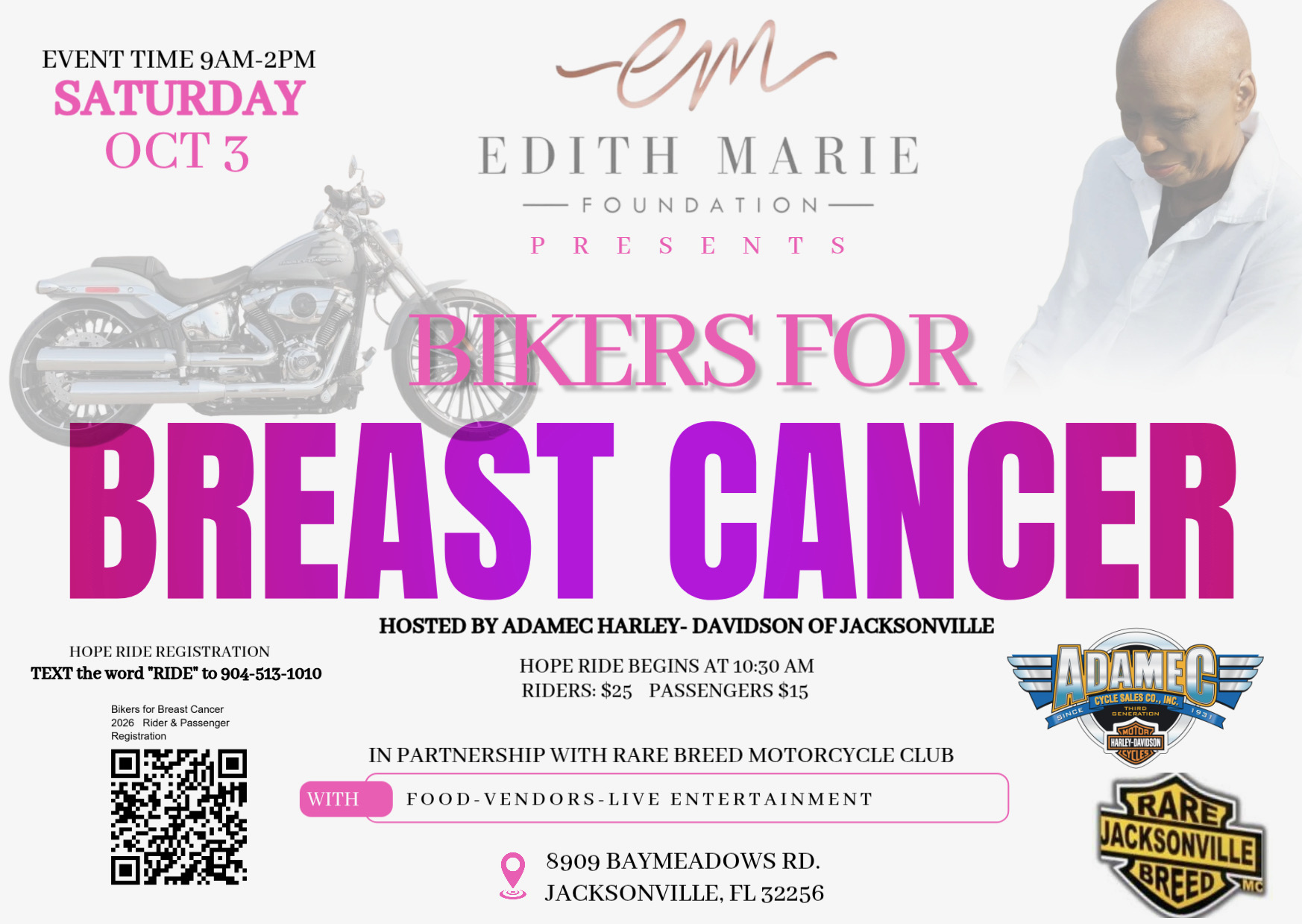 Bikers for Breast Cancer event poster with motorcycle and Edith Marie Foundation logo.