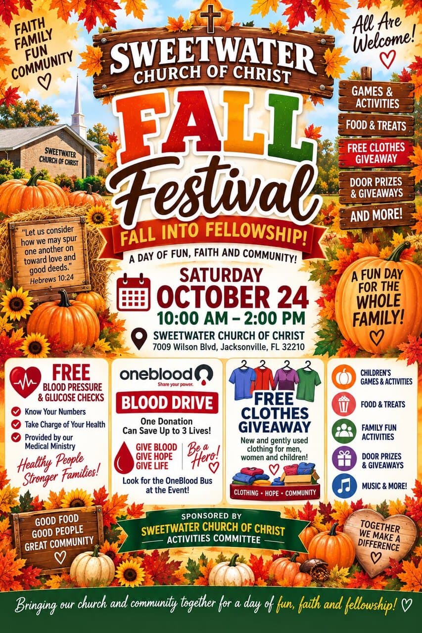 Fall Festival at Sweetwater Church of Christ with pumpkins and autumn leaves.