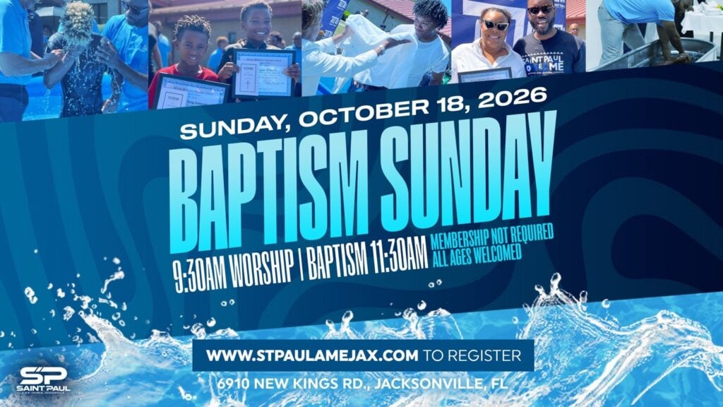 Baptism Sunday event details with water splash background and people at the event.