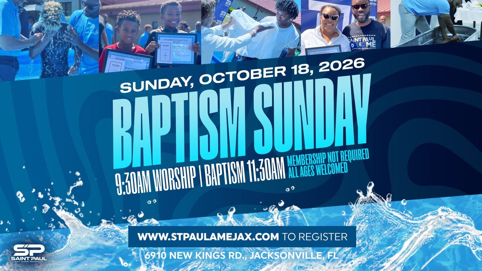 Baptism Sunday event details with water splash background and people at the event.
