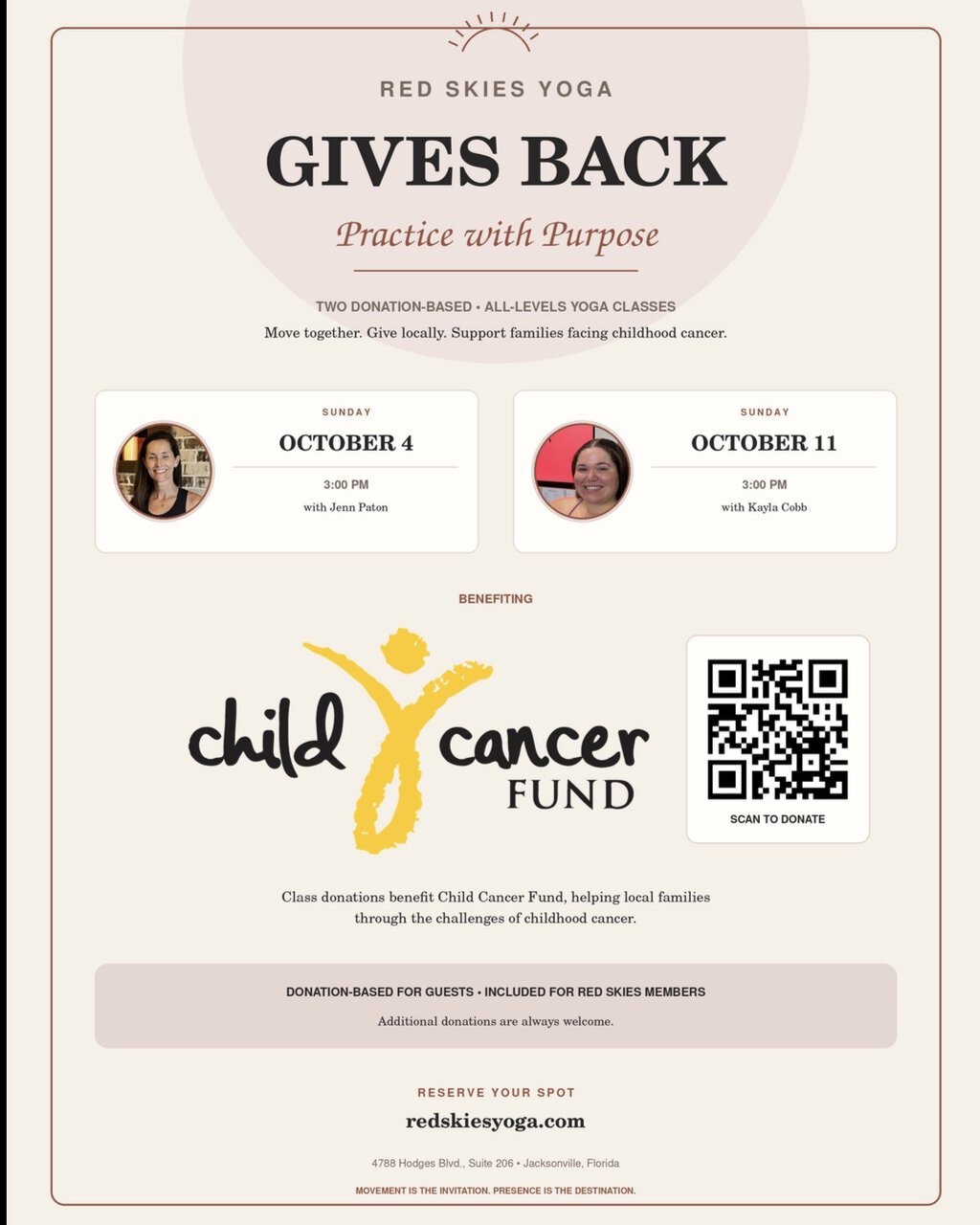 Red Skies Yoga Gives Back event poster with dates, times, and QR code for Child Cancer Fund.