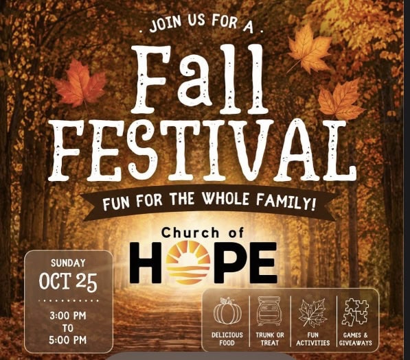 Fall Festival event poster with trees and autumn leaves, details for October 25 at Church of Hope.