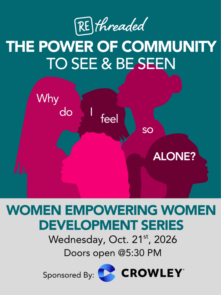 Women Empowering Women event poster with silhouettes and text about community and empowerment.