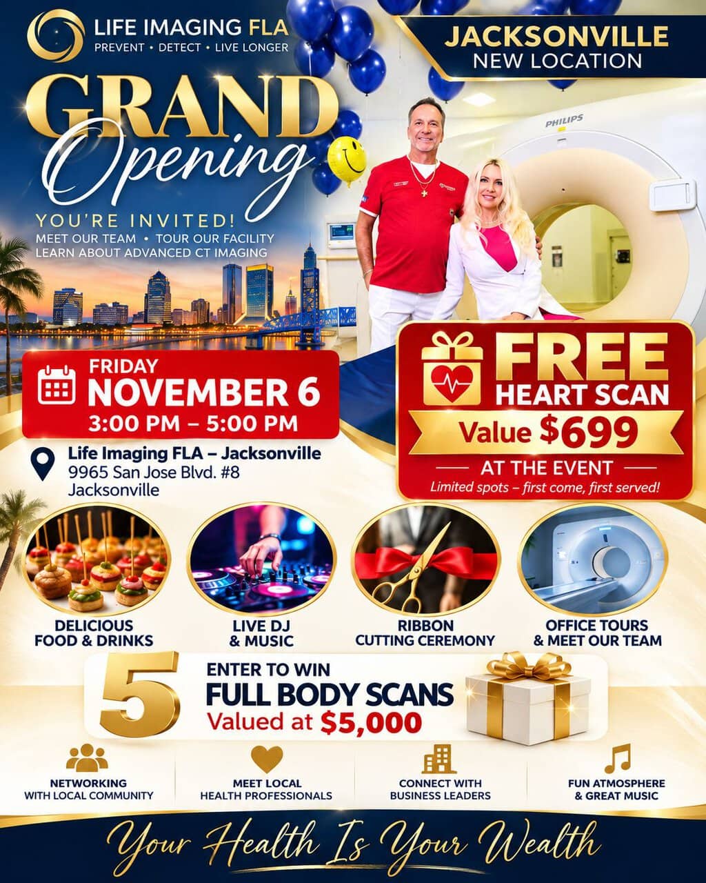Grand opening event for Life Imaging FLA Jacksonville with free heart scan and live music.