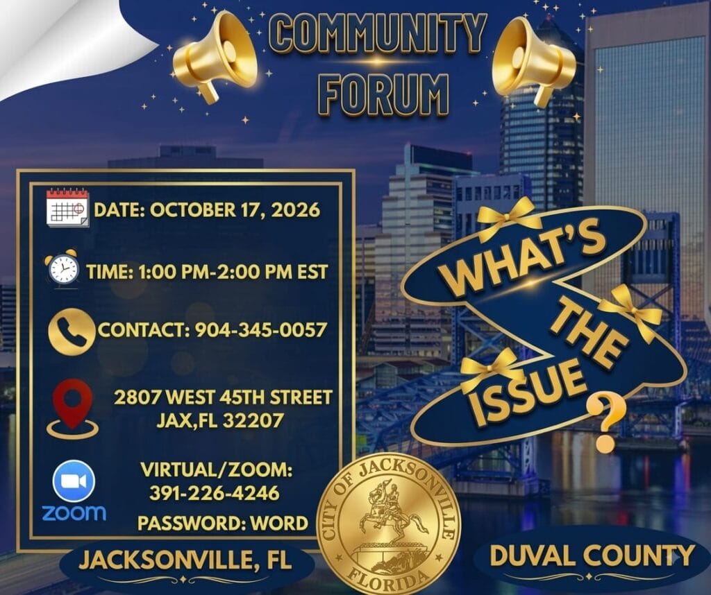 Community Forum poster with date, time, contact, location, and Zoom details.