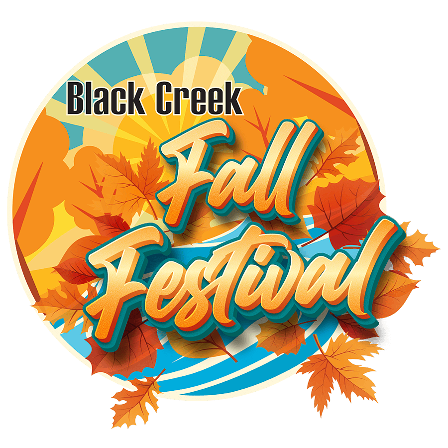 Black Creek Fall Festival logo with autumn leaves and sunburst background.