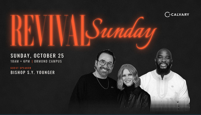 Revival Sunday event poster with date, time, location, and guest speaker Bishop S.Y. Younger.