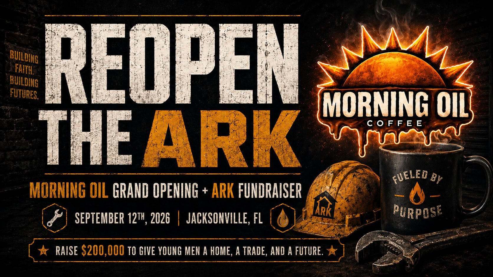 Reopen The ARK event poster with Morning Oil Coffee logo and details.