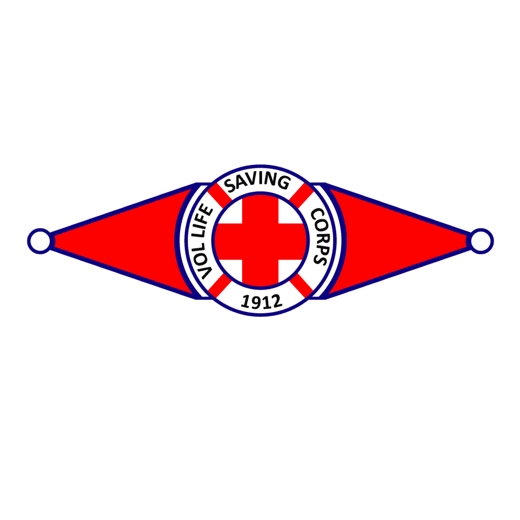 Volunteer Life Saving Corps badge with red cross and blue text, 1912.