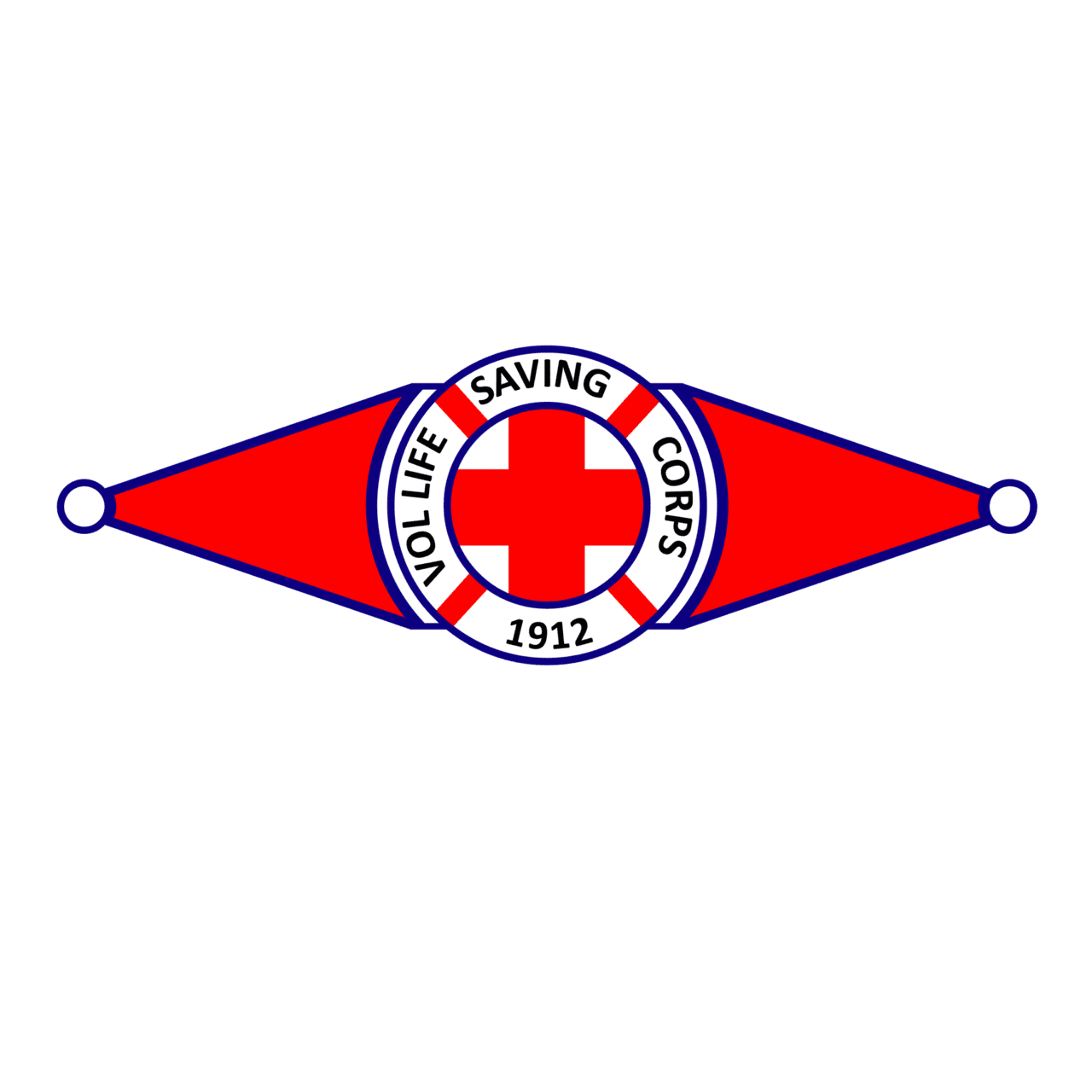 Volunteer Life Saving Corps badge with red cross and blue text, 1912.