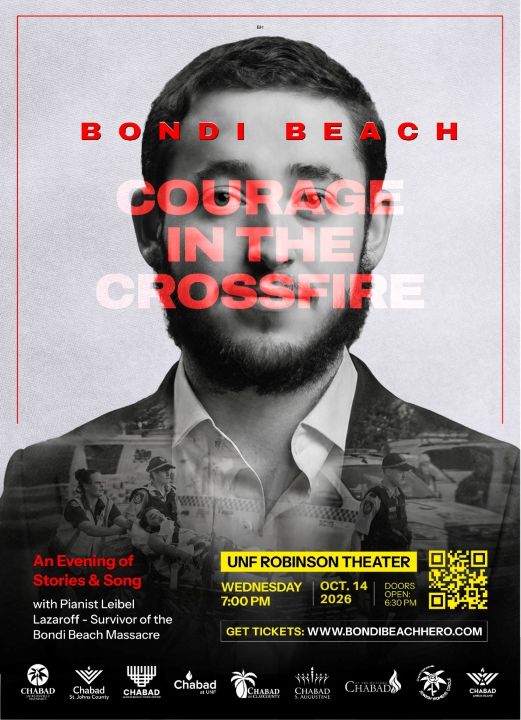 Poster for 'Courage in the Crossfire' event at Bondi Beach, Oct 14, 2026.