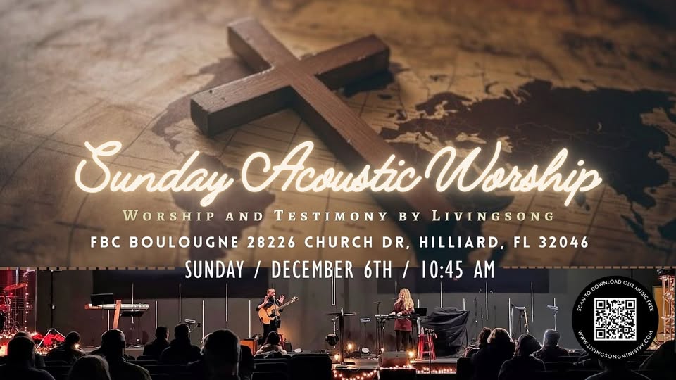 Sunday Acoustic Worship event details at First Baptist Church of Boulougne.