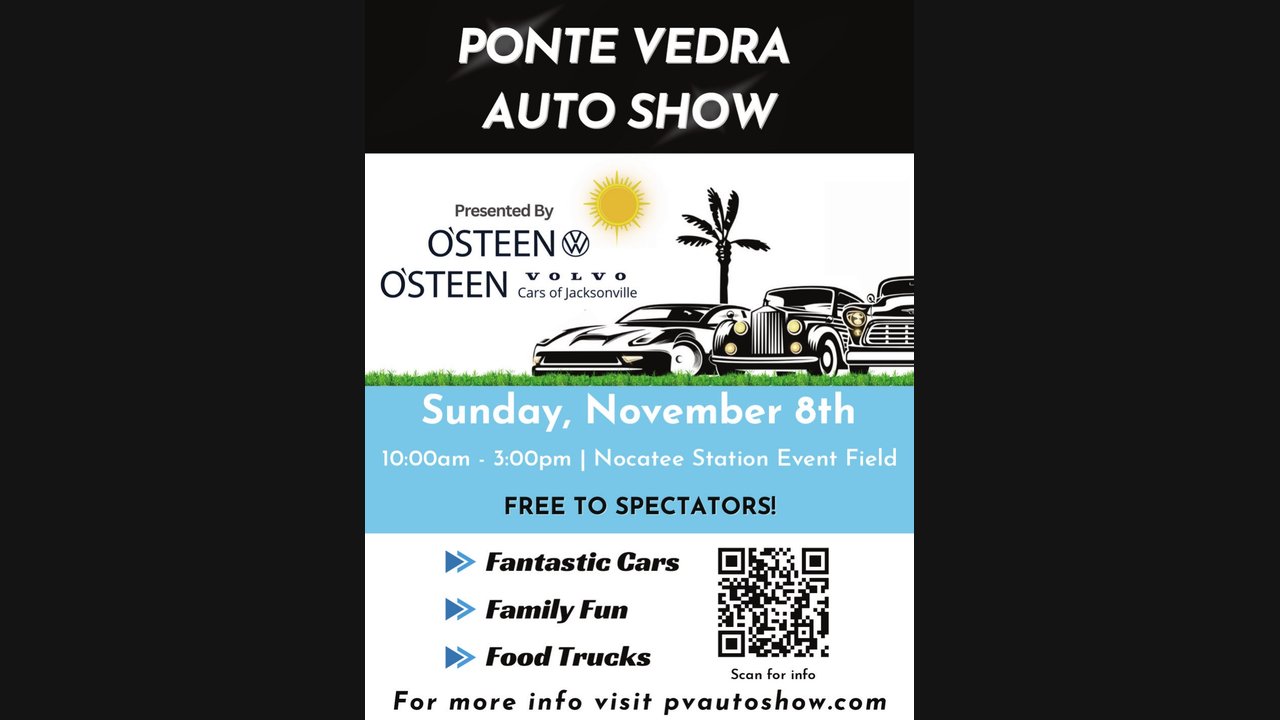 Ponte Vedra Auto Show poster with cars, date, and QR code.